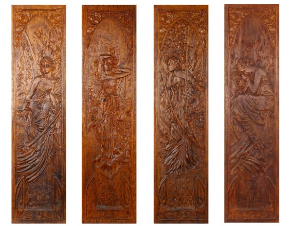 Alfons Mucha: four-part carved wood panels